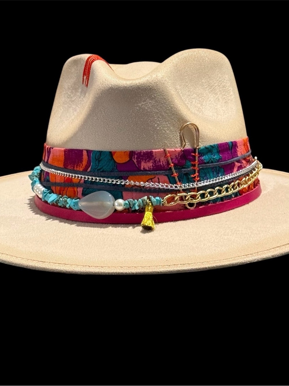 Boho Embellished Wide-Brim Fedora Hat in Cream with Multicolor Trim